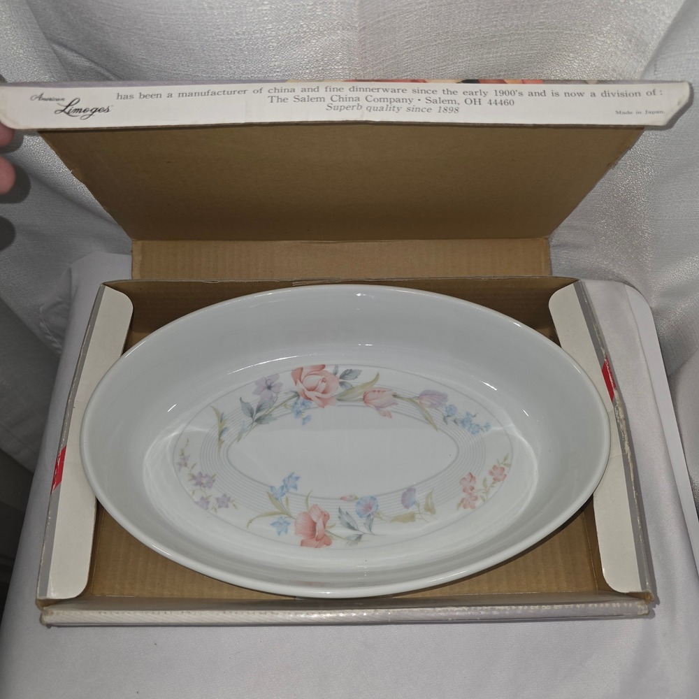 American Limoges Flowers 12 Inch Oval Baker Fine Porcelain Floral Casserole Dish